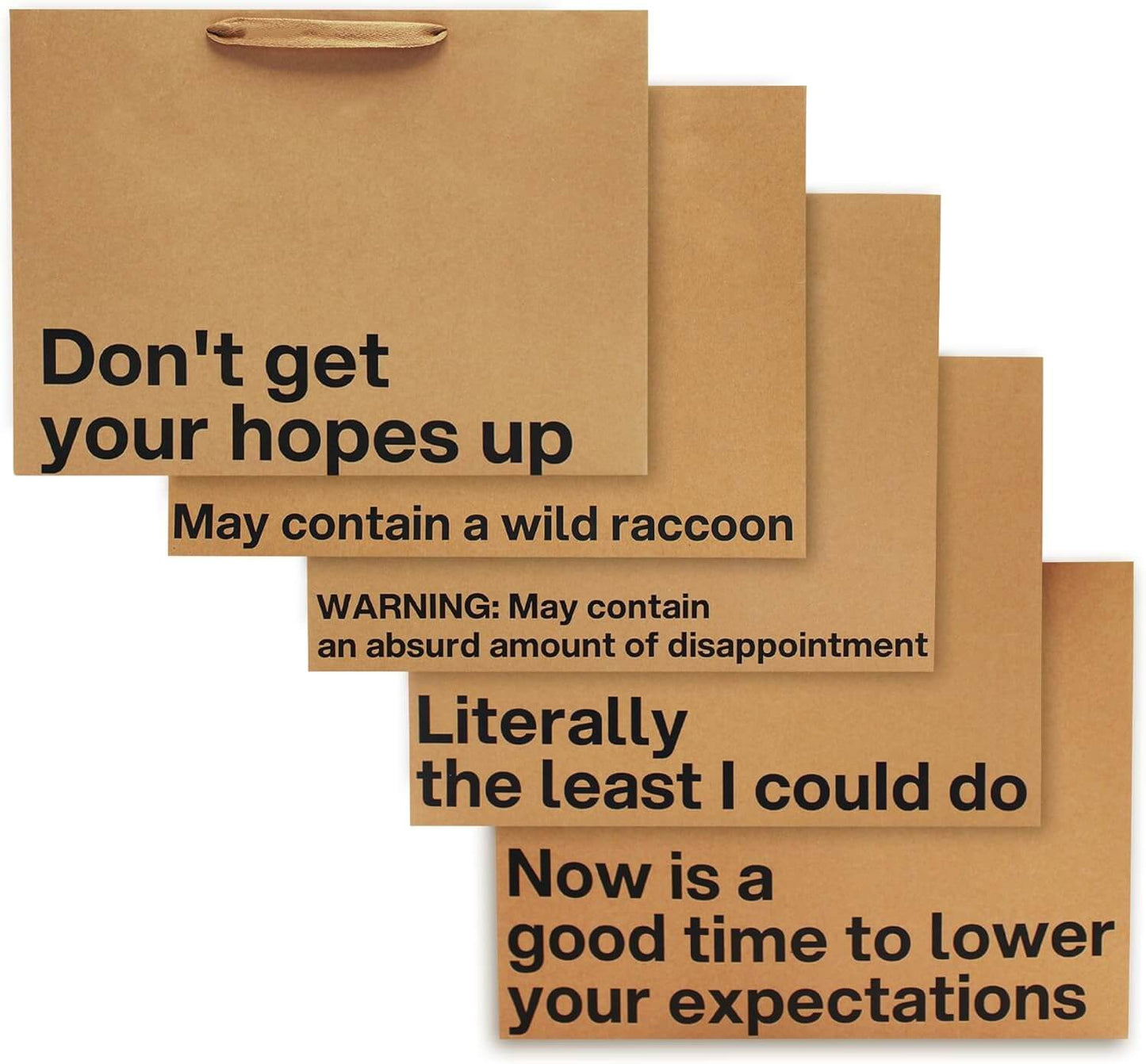 Large Funny Gift Bag Set #1 featuring 5 snarky designs, perfect for funny gift bags and lowering expectations.