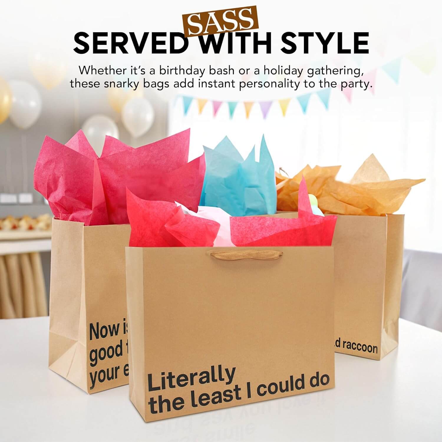 Colorful funny gift bags with humorous messages, perfect for birthday and holiday parties.