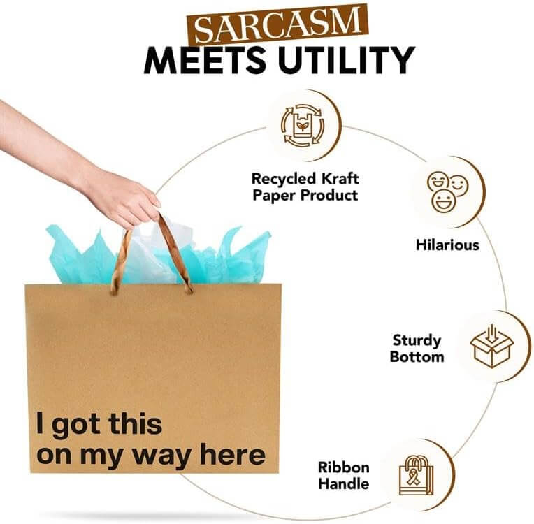 Person holding a large funny gift bags with text 'I got this on my way here' and features highlighted.