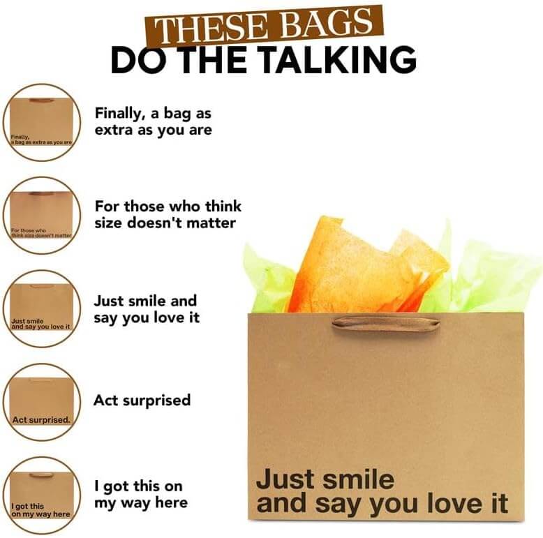 Large Funny Gift Bag Set #2 featuring 5 snarky quotes, perfect for gifting with funny gift bags.