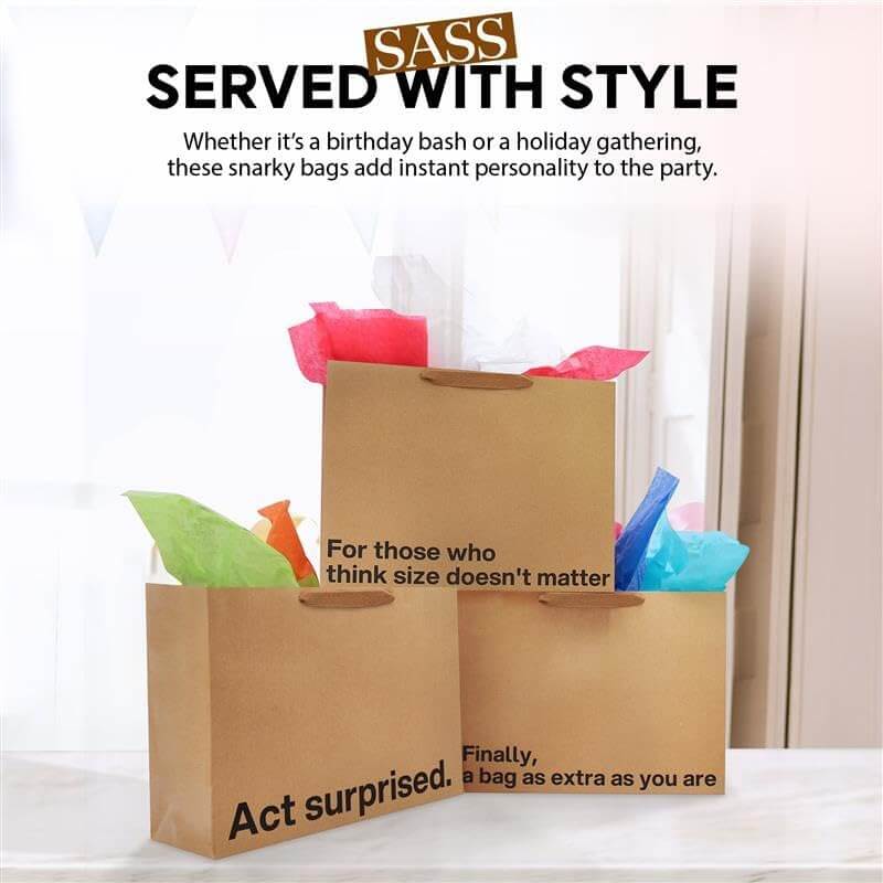 Large funny gift bags set with snarky messages for birthdays and holidays, adding personality to any celebration.