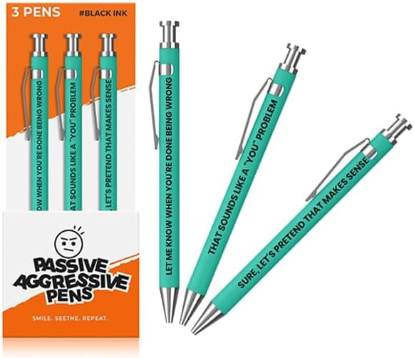 3pc Passive Aggressive Pen Set featuring funny pens with sarcastic phrases for humor in the office.