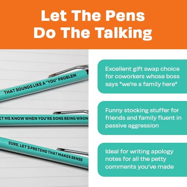 3pc Passive Aggressive Pen Set featuring funny pens for witty office humor and passive aggression.