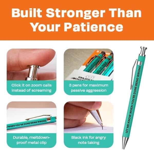3pc Passive Aggressive Pen Set with funny pens for maximum passive aggression and note taking.