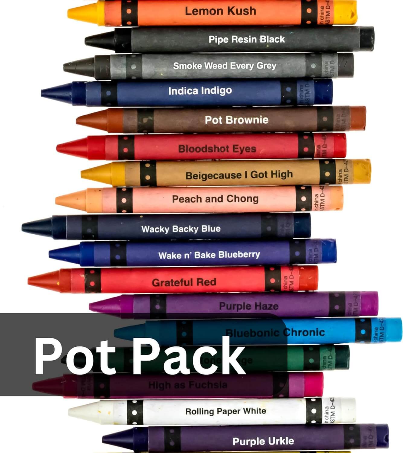 Image of the Pot Pack from Offensive Crayons featuring 16 unique crayon colors and names.