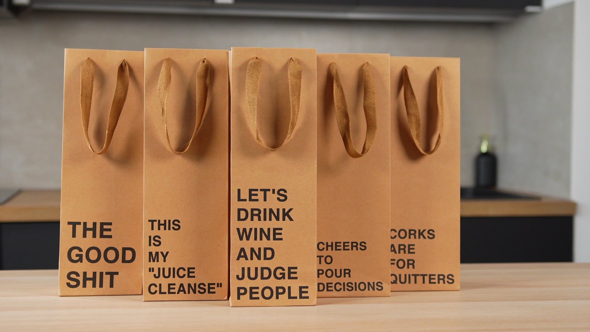 Wine gift bag set of 5 made from kraft paper, perfect for funny wine bags and gifting.