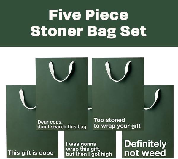 Funny stoner gift bags featuring humorous pot-themed jokes in a five-piece set.