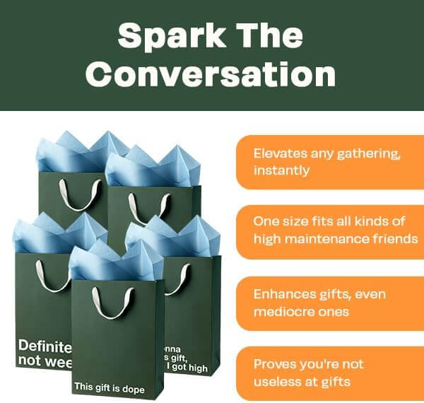 Funny stoner gift bags set featuring humorous pot-themed jokes, perfect for elevating any gathering.