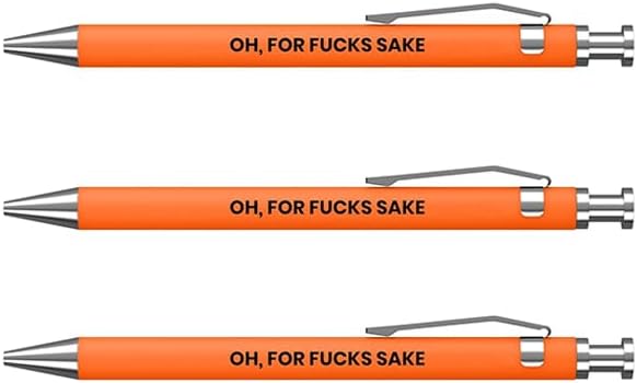 Funny pens featuring the phrase 'Oh, For Fucks Sake' in bold black lettering on vibrant orange design.