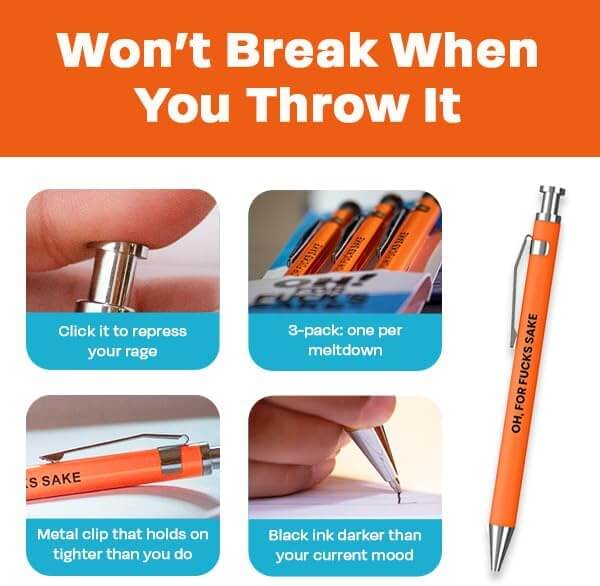 Oh For Fucks Sake funny pens showcasing durability and humor, featuring color options and unique design elements.