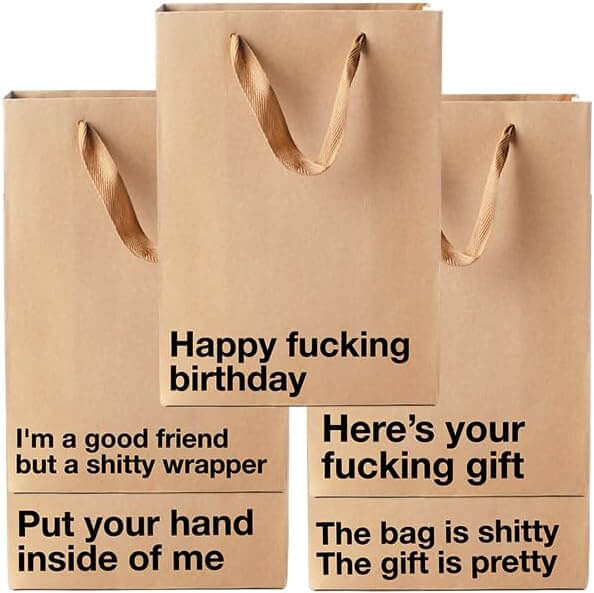 Funny gift bags featuring bold profanity designs for humorous gifting at parties and celebrations.