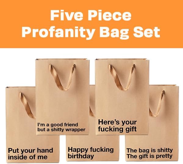 Funny gift bags featuring bold profanity designs in a five-piece set for humorous gifting.