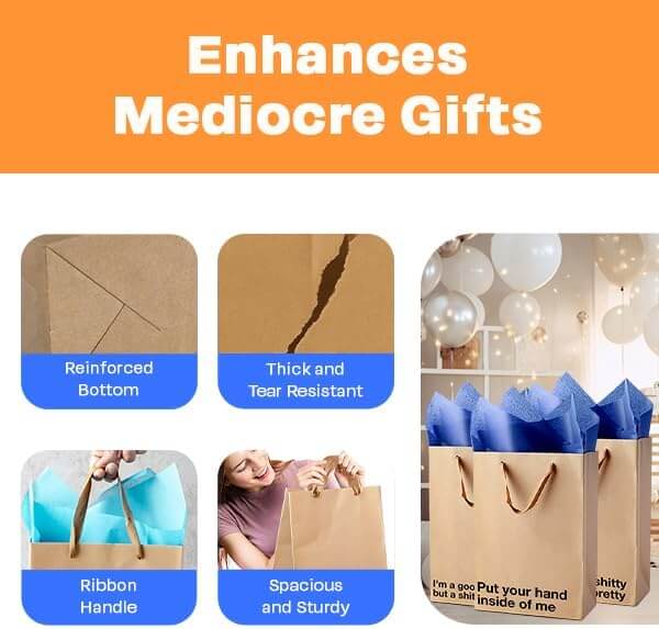 Funny gift bags with sturdy construction features, including reinforced bottom, tear-resistant material, and ribbon handles.