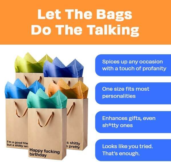Funny gift bags set with bold profanity designs for humorous gifting at celebrations.