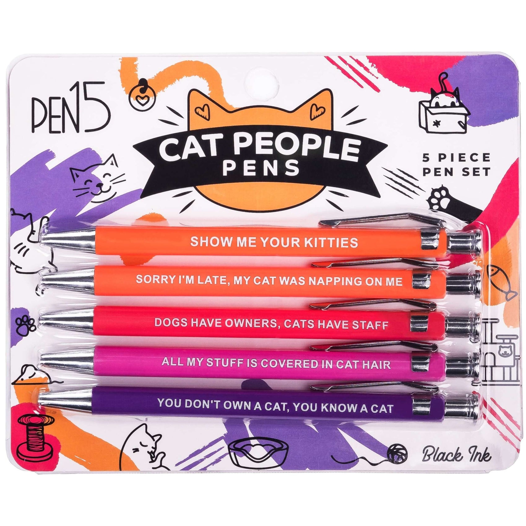 Colorful Cat People Pens set featuring phrases for cat lovers, great for writing with funny pens.
