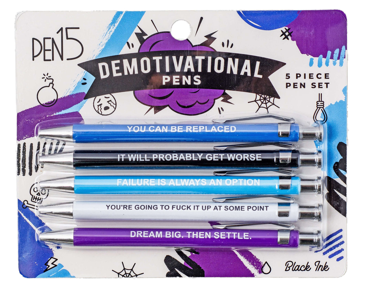 Demotivational pens set featuring phrases like 'You can be replaced' and 'Failure is always an option' - funny pens.