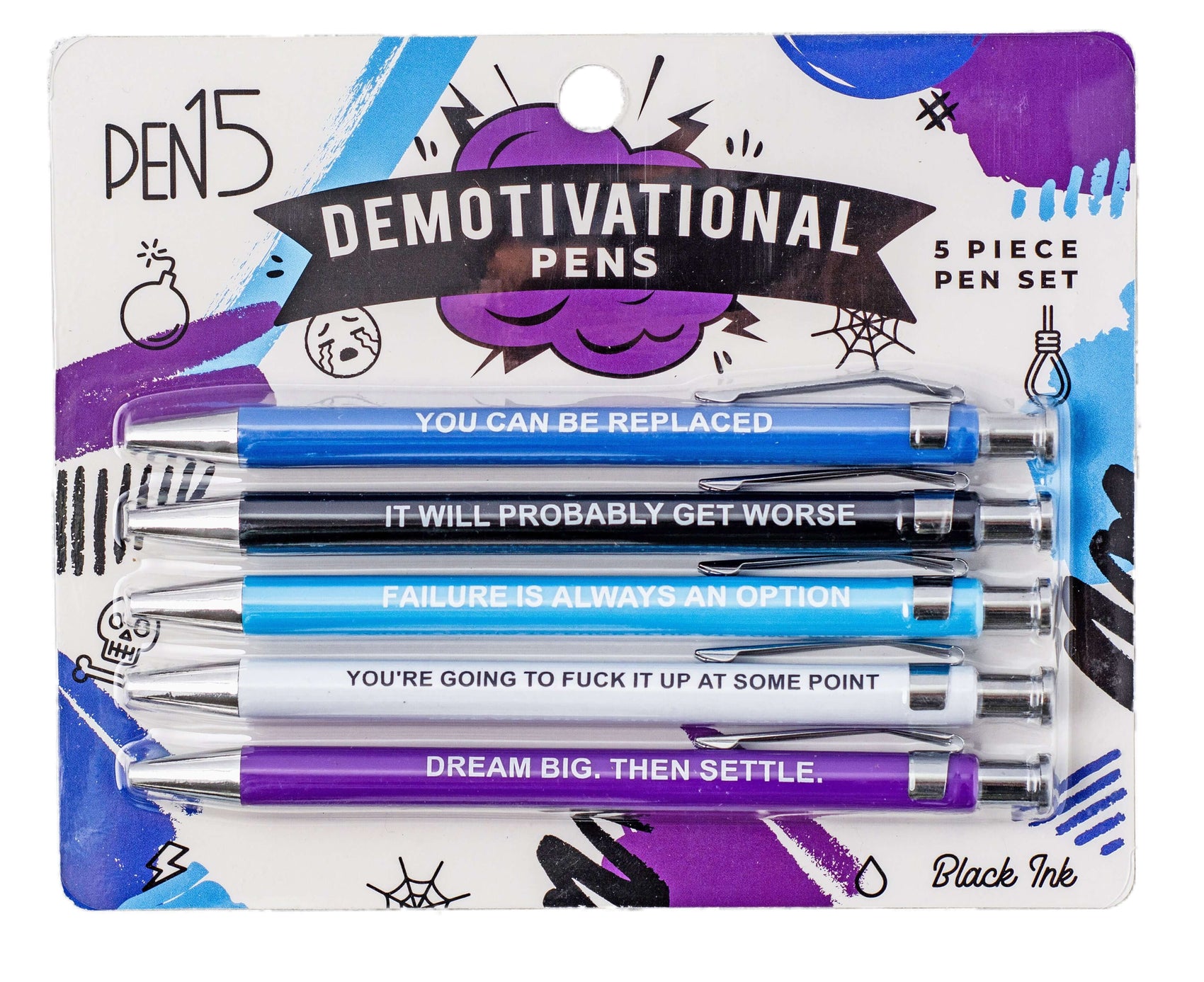 Demotivational pens set featuring phrases like 'You can be replaced' and 'Failure is always an option' - funny pens.