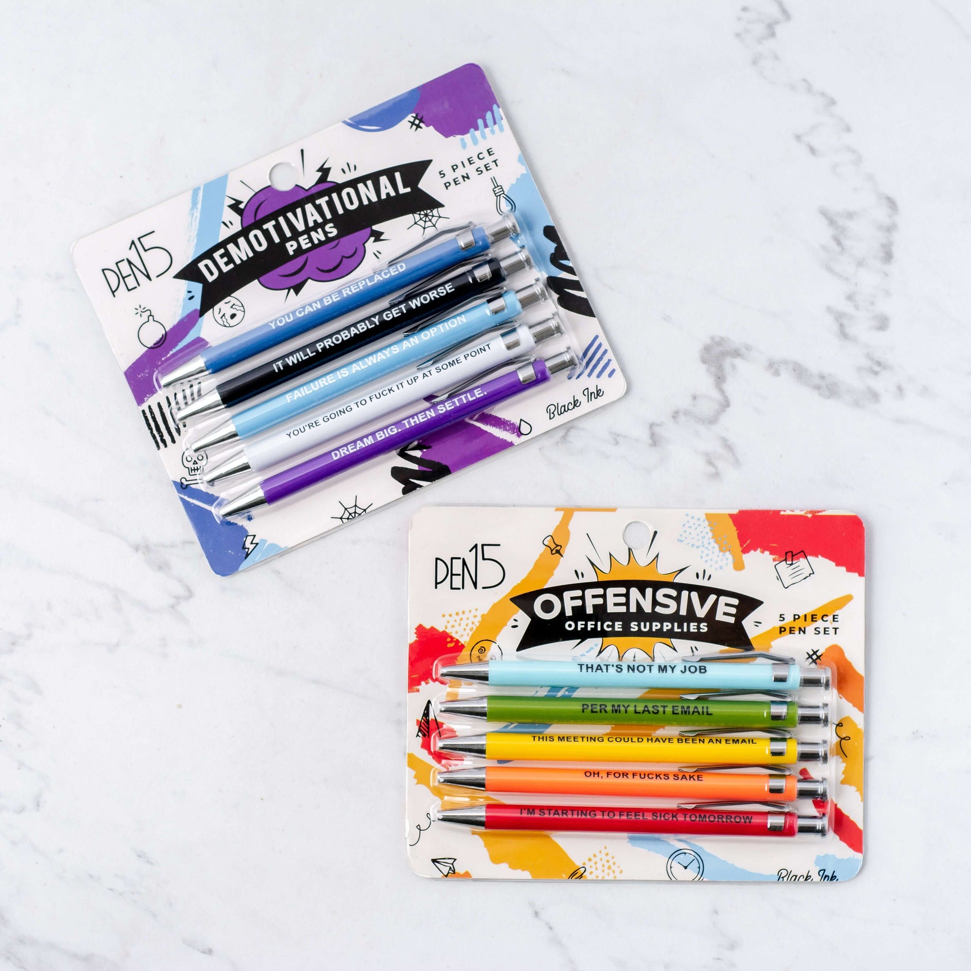 Funny pens bundle pack featuring both Offensive and Demotivational Pens with humorous phrases on packaging.