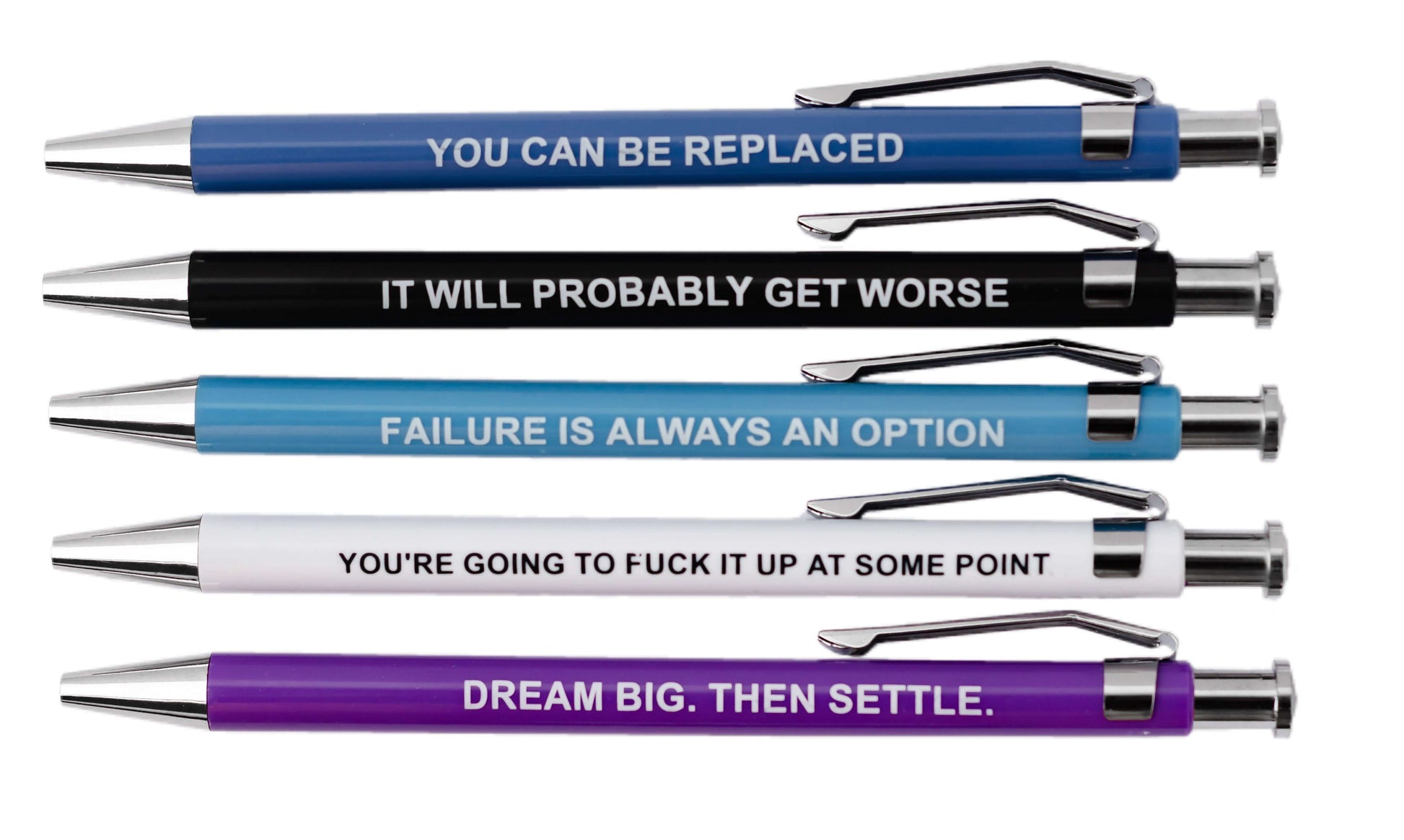 Demotivational funny pens set with phrases like 'You can be replaced' and 'Failure is always an option'.