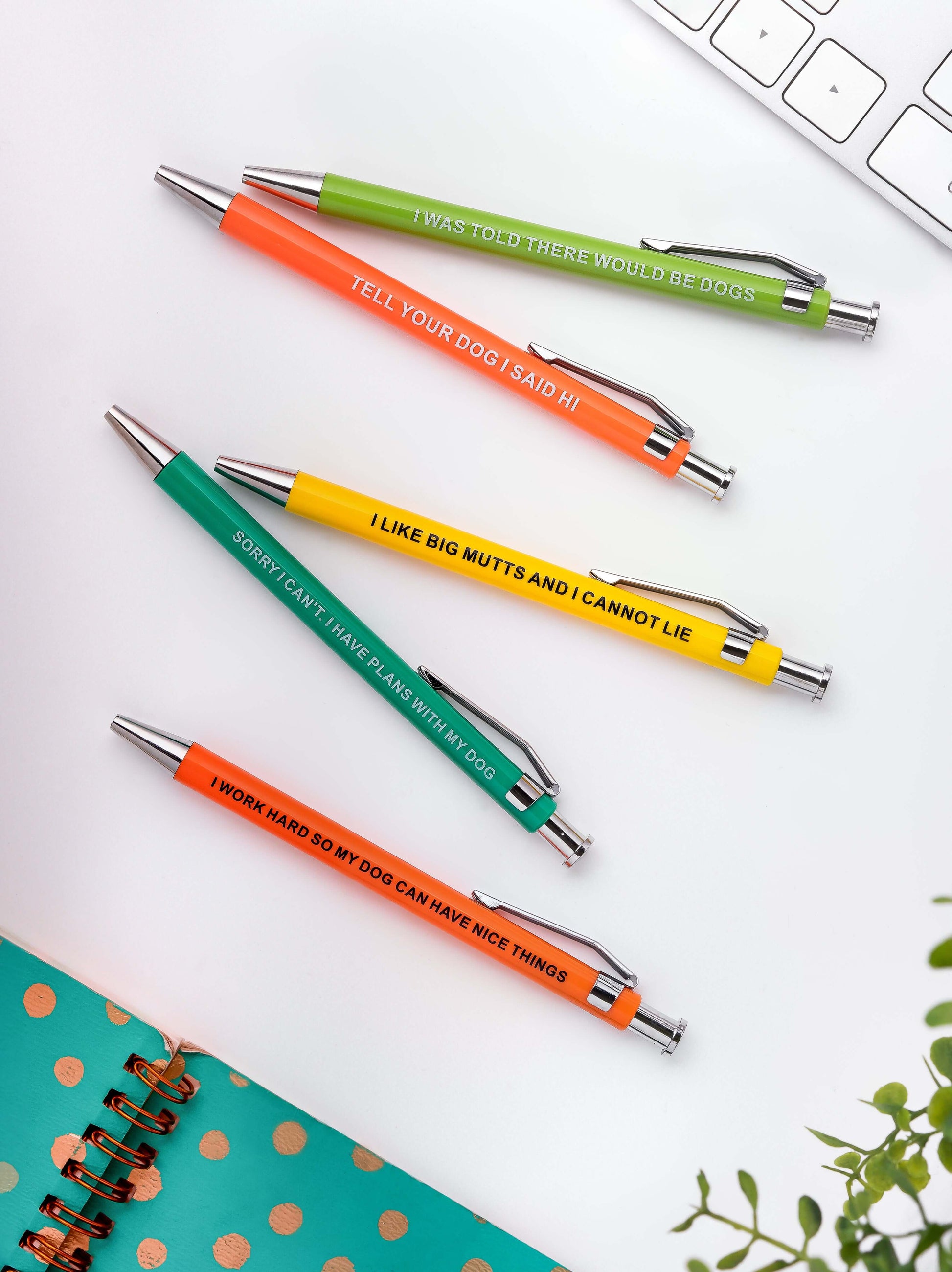 Colorful funny pens with dog-themed phrases, perfect for dog lovers and pet enthusiasts.
