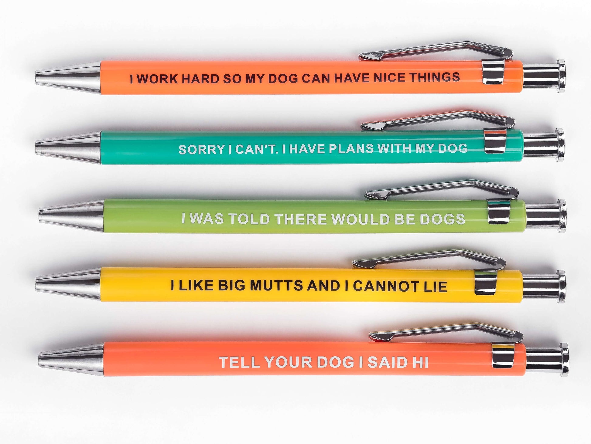 Five colorful pens with funny phrases for dog lovers, featuring funny pens designs and quotes.