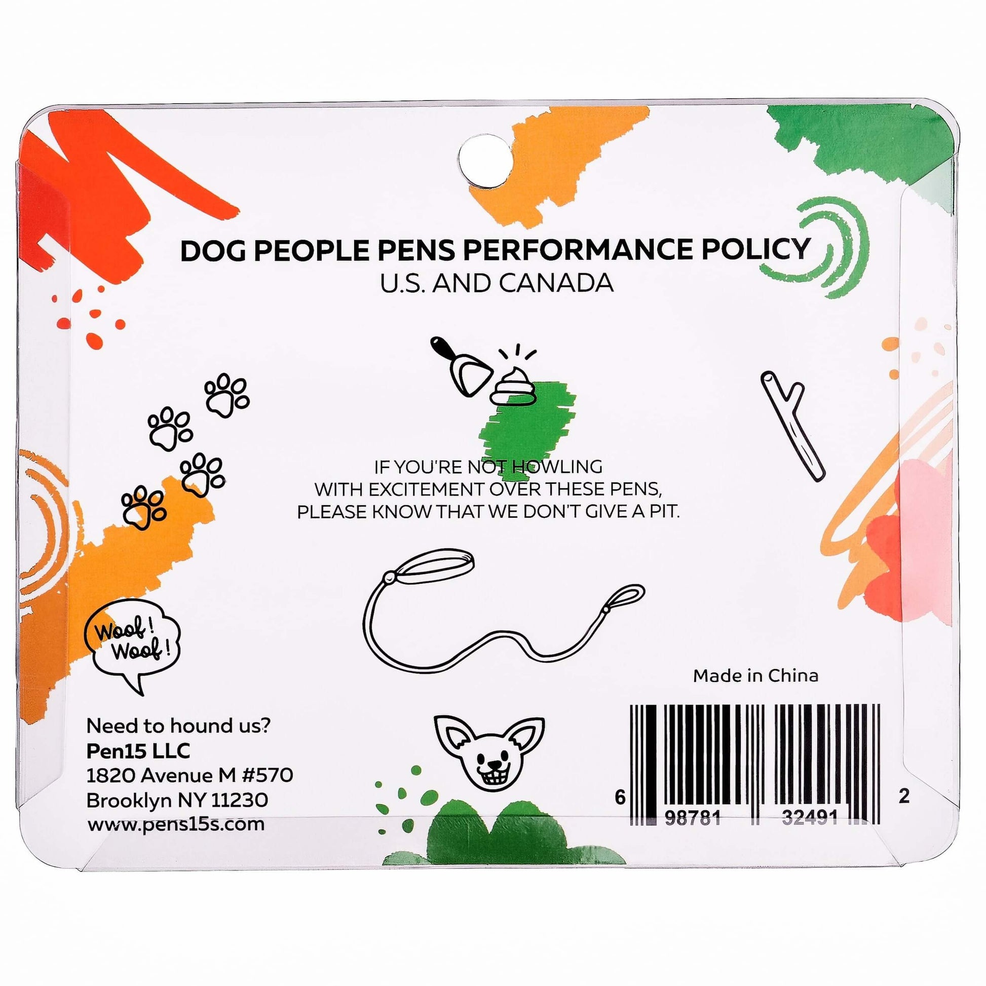 Colorful packaging for Dog People Pens with a humorous performance policy, ideal for funny pens lovers.