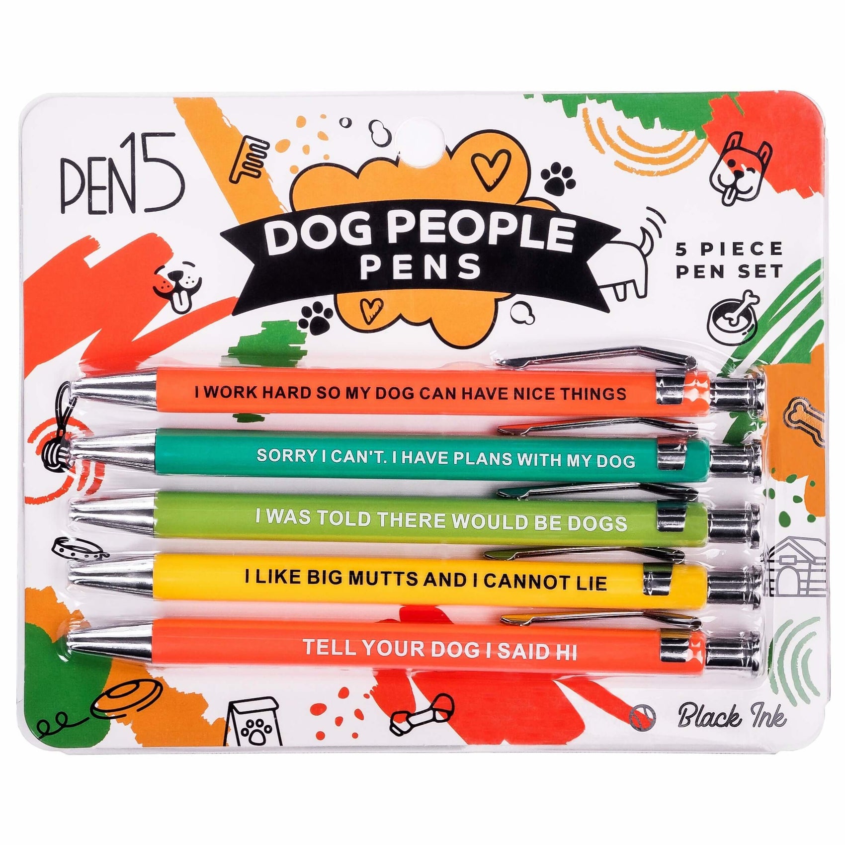 Funny pens set featuring dog quotes like 'I work hard so my dog can have nice things' in vibrant colors.