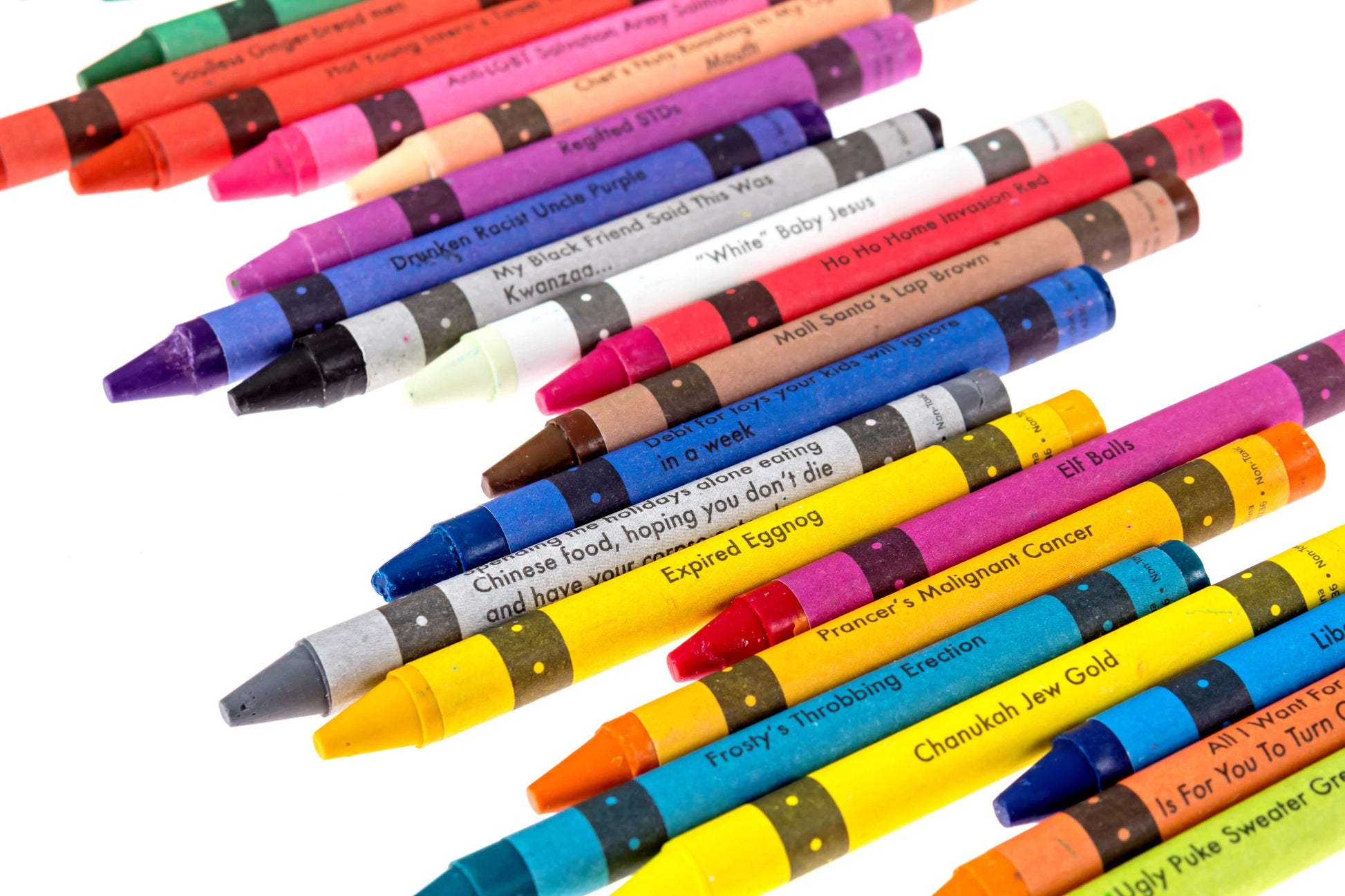 Offensive crayons in various colors with humorous and awkward messages for the holiday season.