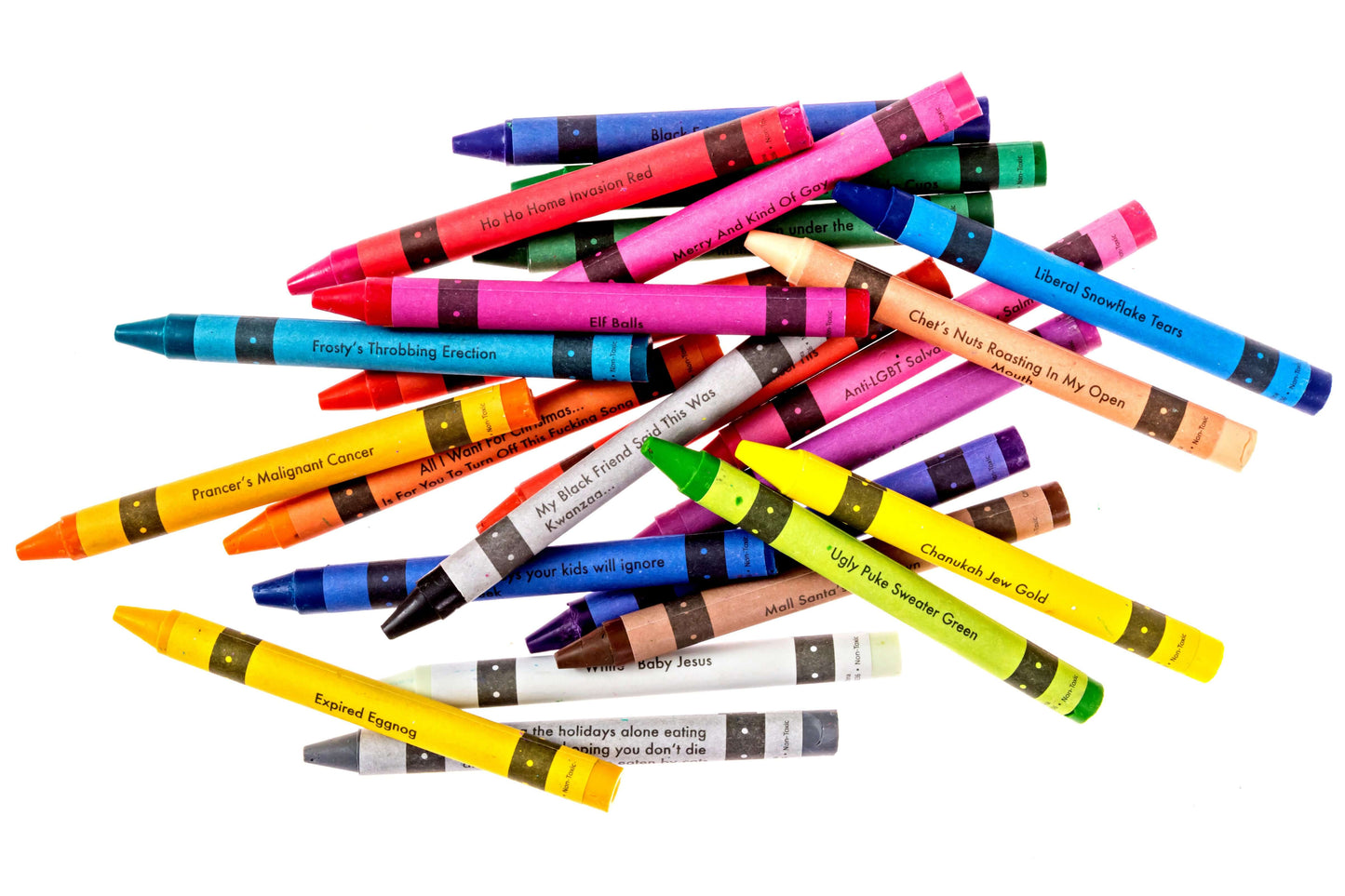 A colorful assortment of offensive crayons showcasing various humorous labels and shades for the holiday season.