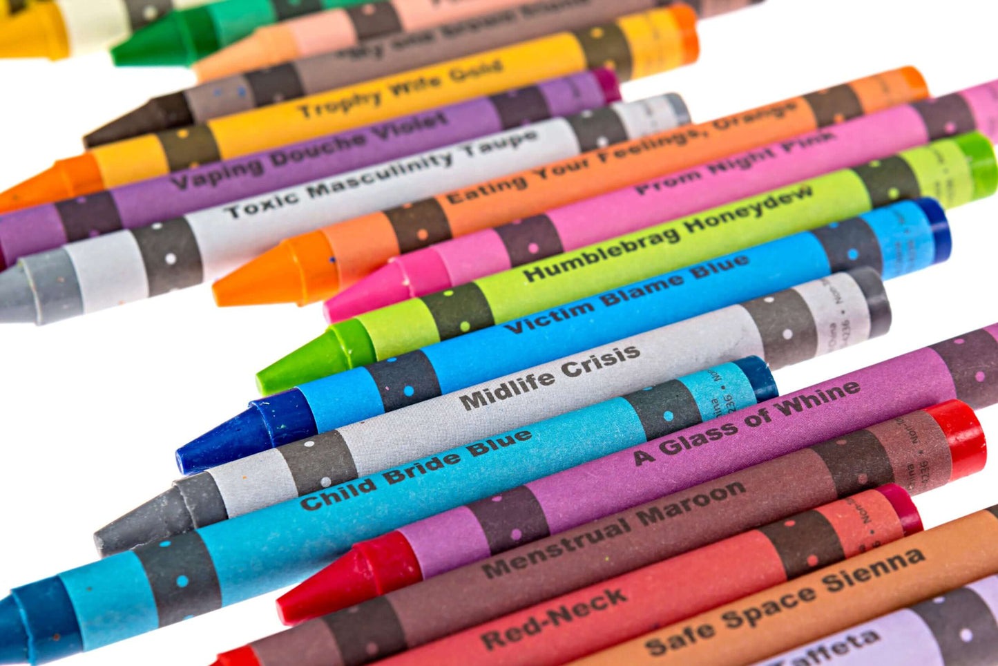 Colorful Offensive Crayons including Child Bride Blue and Safe Space Sienna, humorously named for a lighthearted gift.