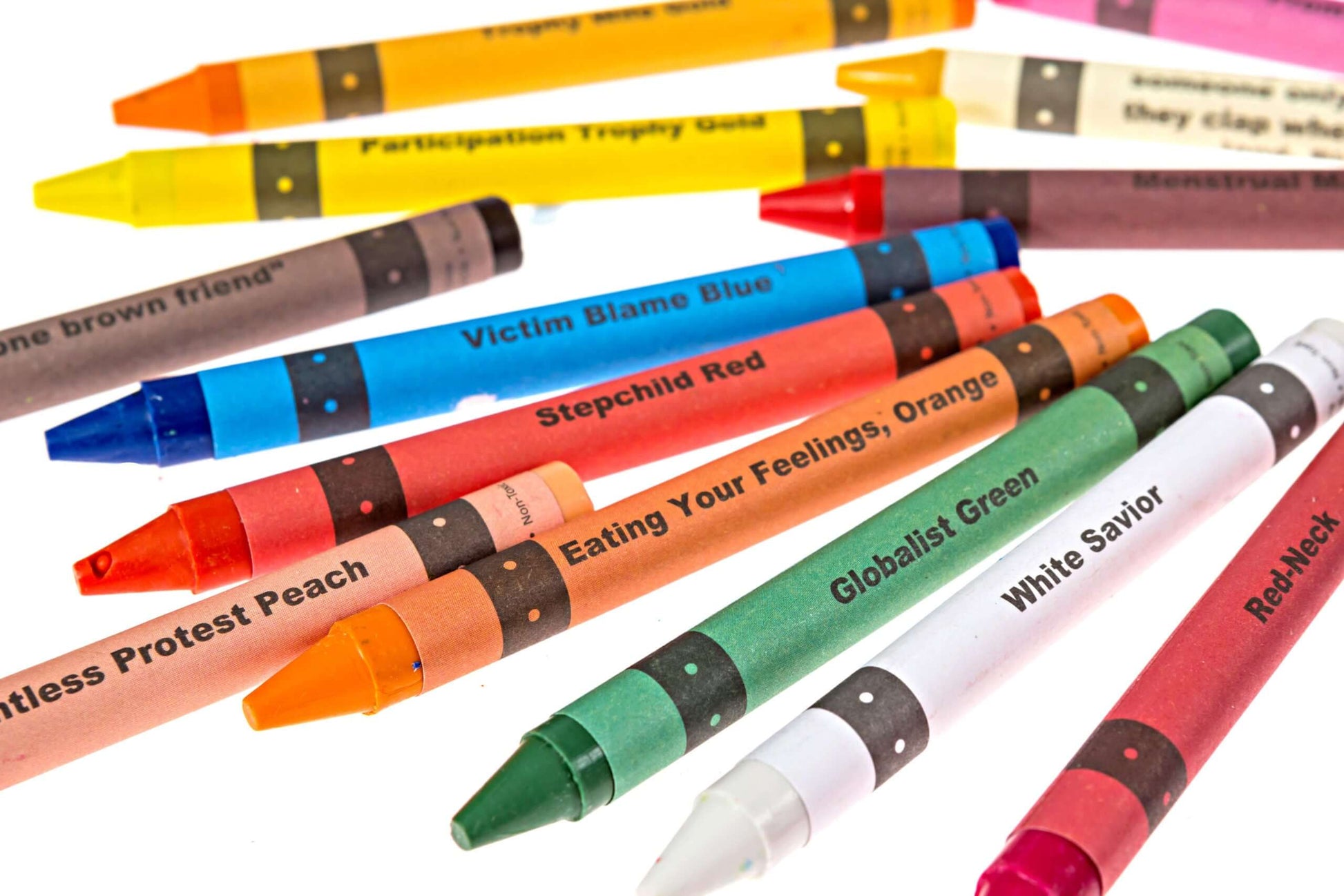 Variety of Offensive Crayons including colors like Victim Blame Blue and Globalist Green, showcasing humorous names.