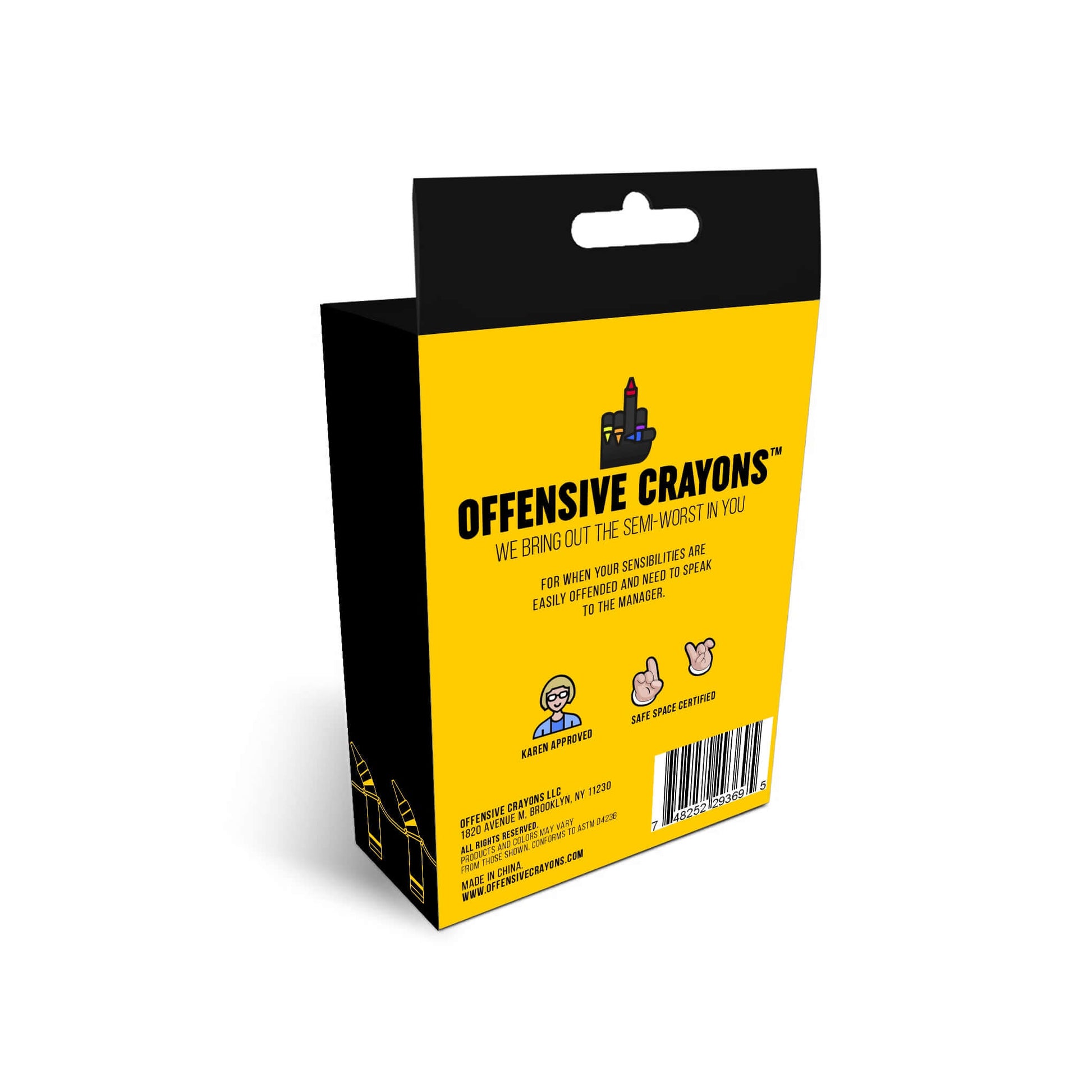 Offensive Crayons pack with humorous tagline for edgy art and fun gift ideas. Karen approved and offers unique colors.