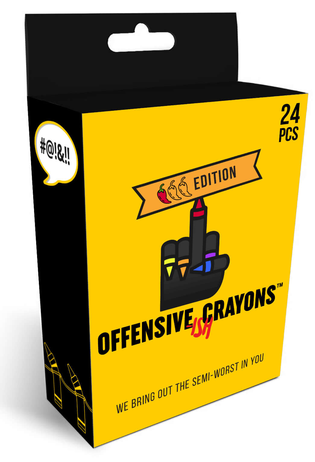 Colorful packaging of "Offensive-ISH" Edition featuring 24 Offensive Crayons with humorous design.