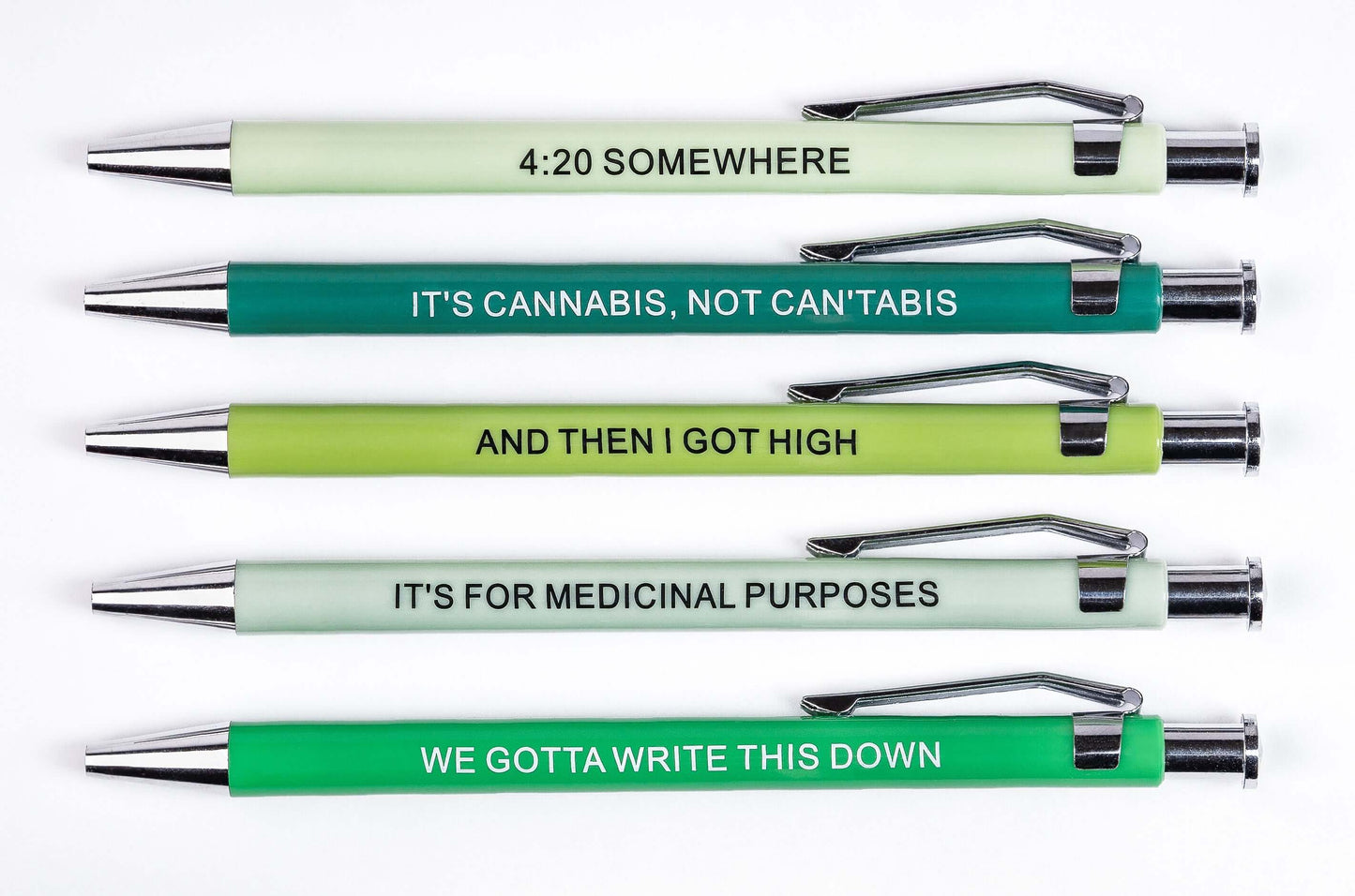 Five funny pens with humorous phrases about cannabis and writing.