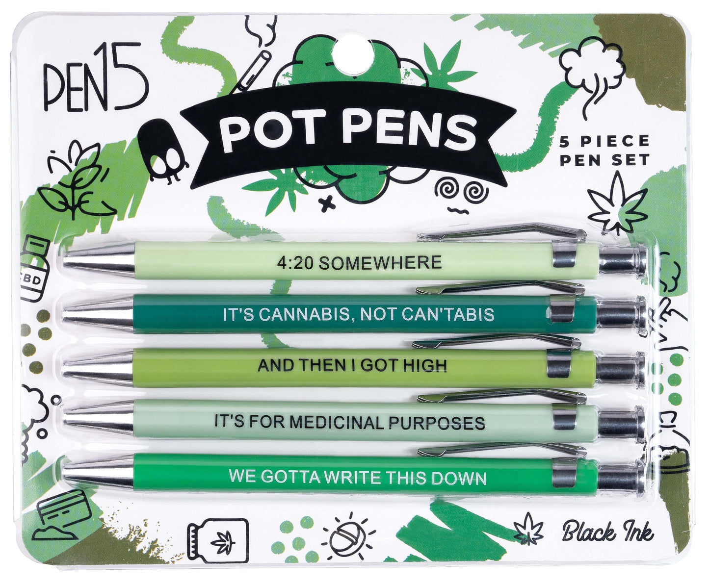 Funny pens set featuring humorous sayings related to cannabis, including '4:20 Somewhere' and 'It's for medicinal purposes'.