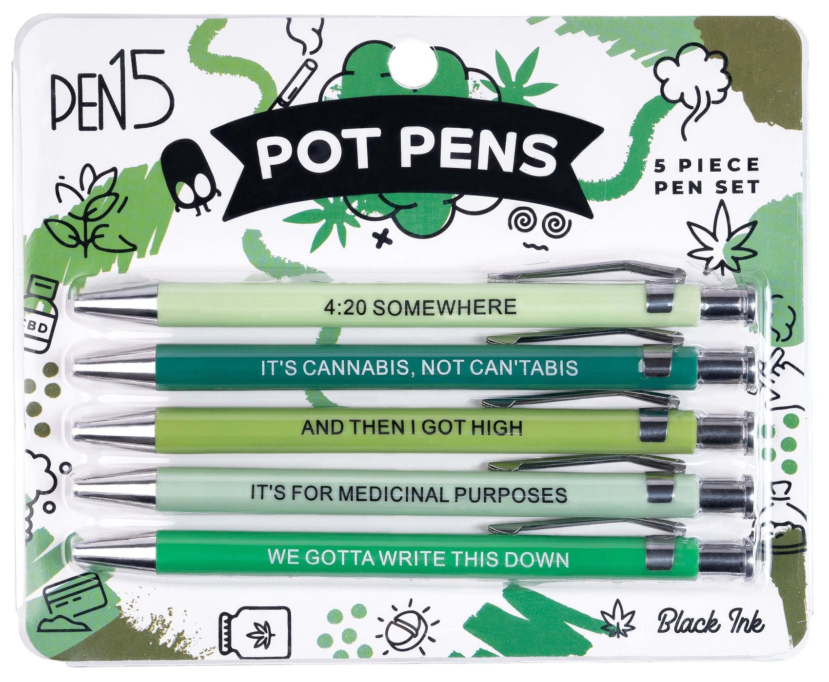 Funny pens set featuring humorous sayings related to cannabis, including '4:20 Somewhere' and 'It's for medicinal purposes'.