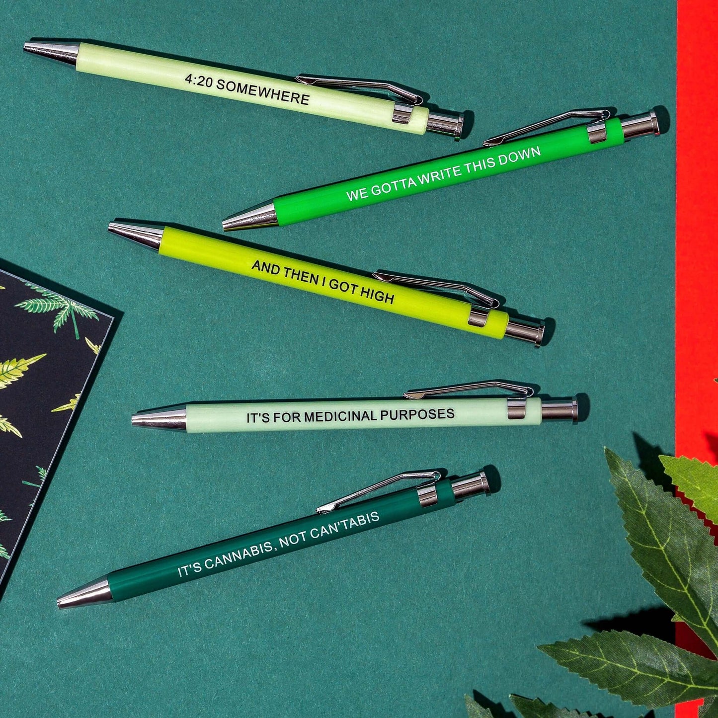 Funny pens with cannabis-themed sayings including "4:20 Somewhere" and "It’s for medicinal purposes".