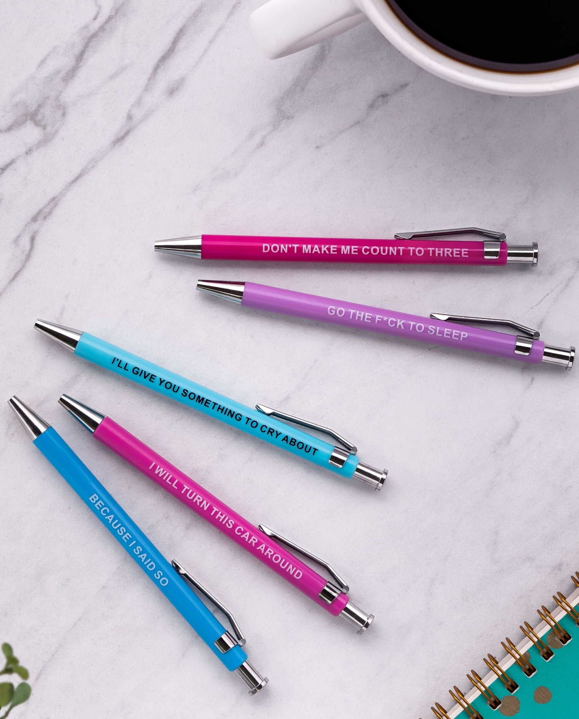 Set of funny pens with humorous phrases for parents, including 'Go the f*ck to sleep' and 'Because I said so'.