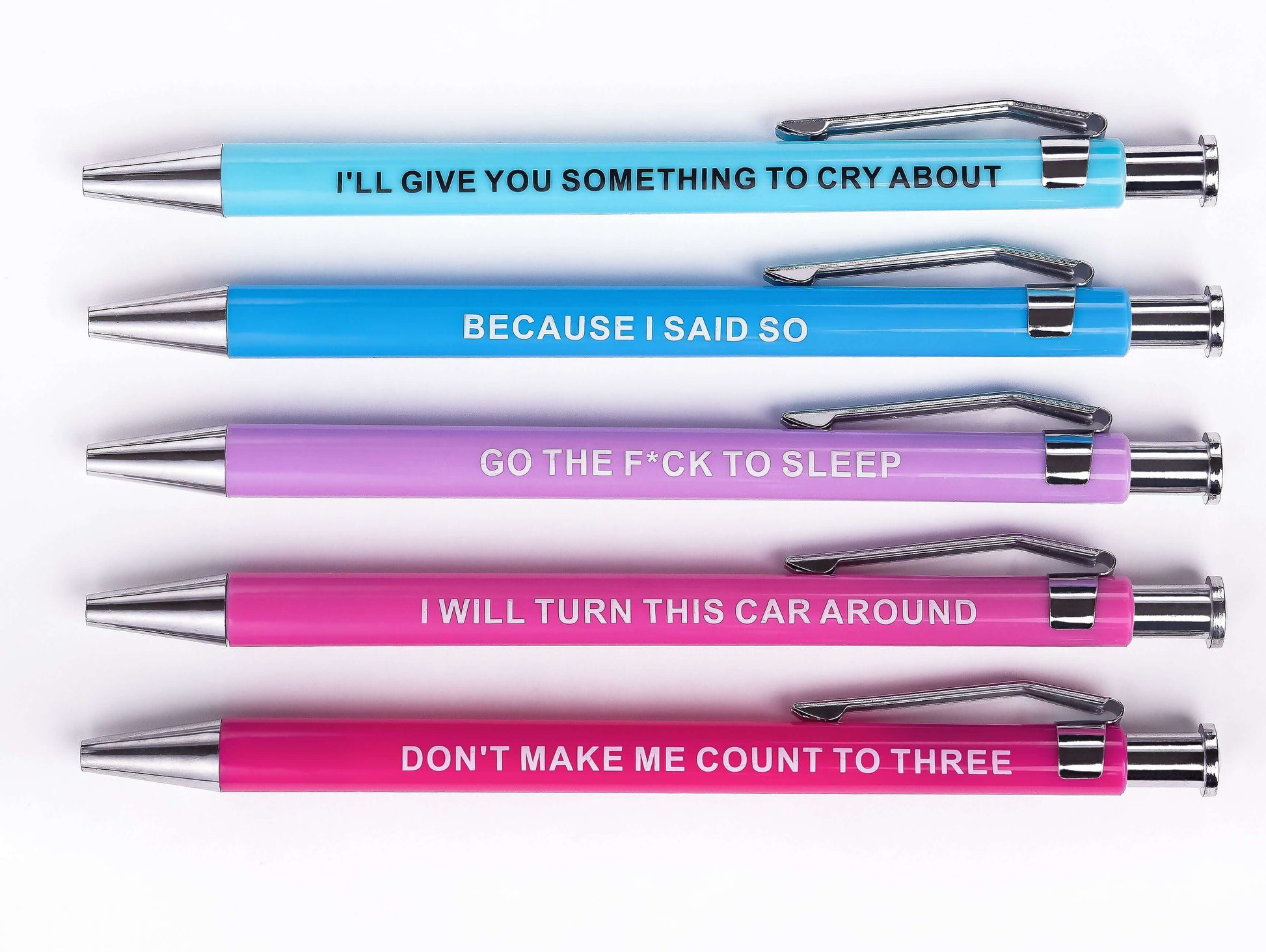 Funny pens in various colors with sarcastic parenting phrases for gifts.