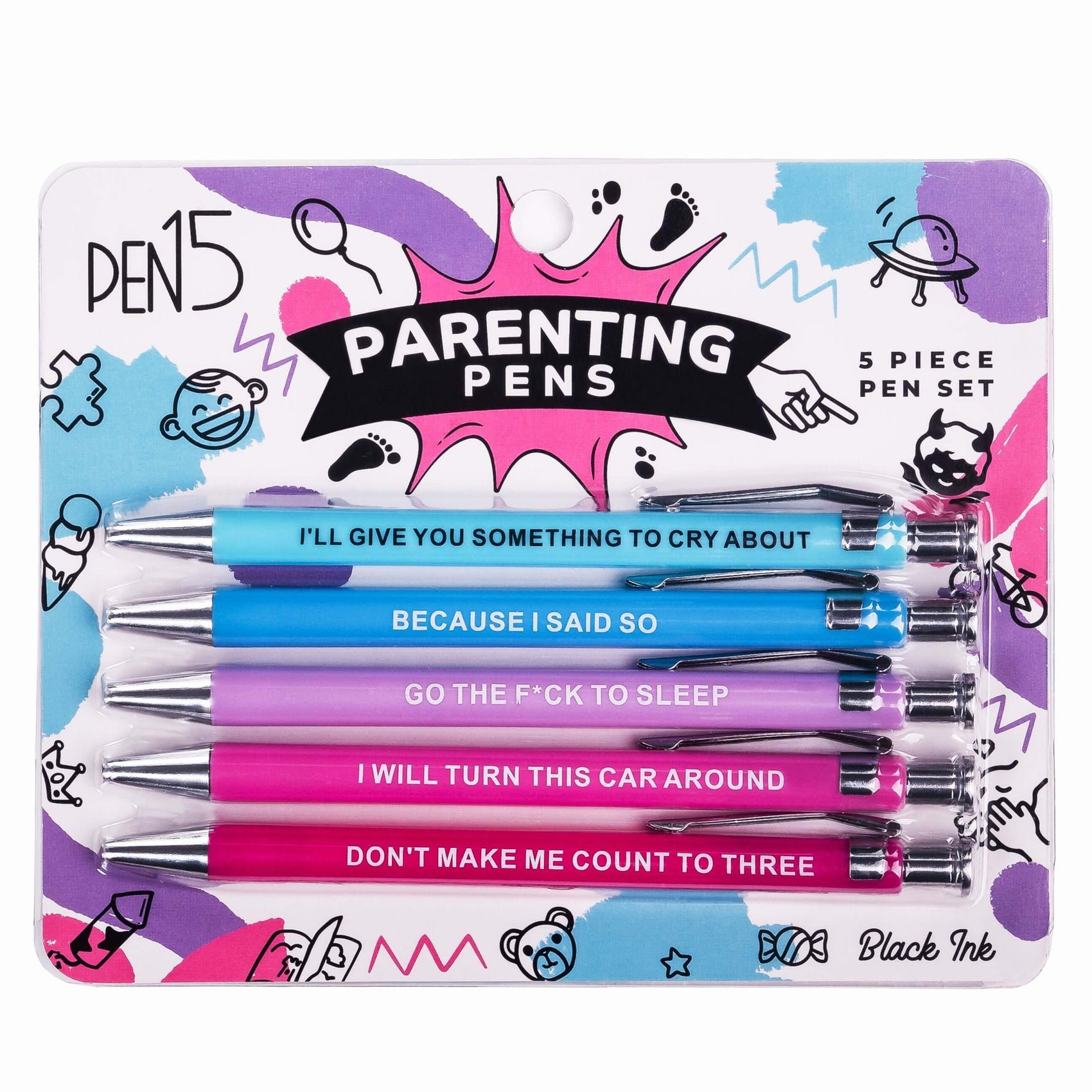 Funny pens Parenting Pens gift set featuring humorous phrases for parents.