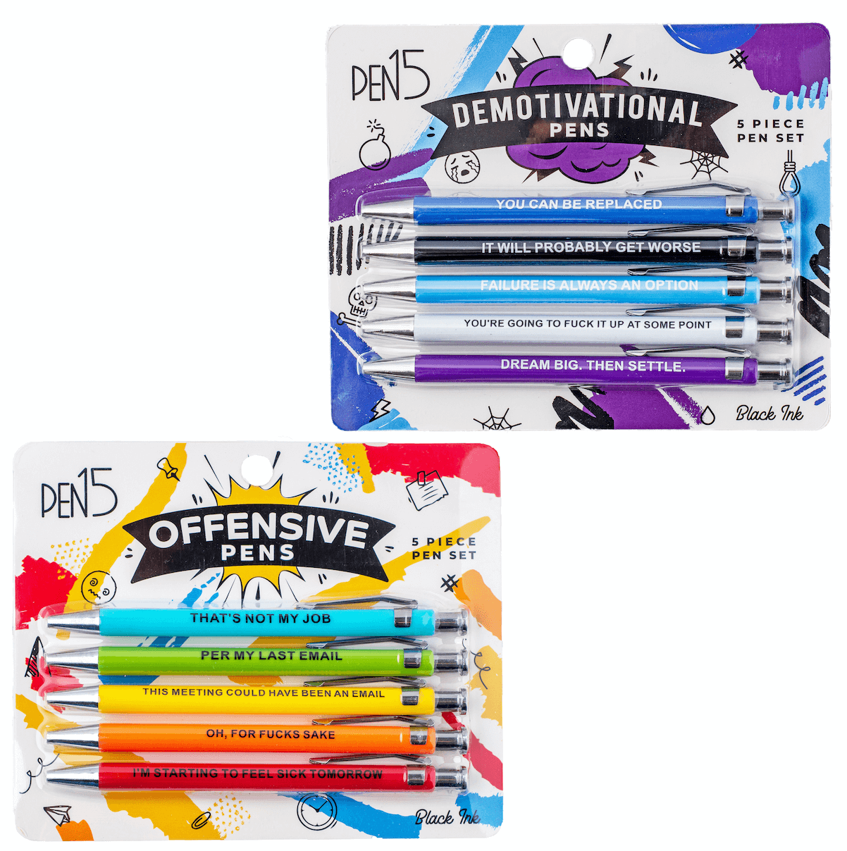 Funny pens bundle pack featuring demotivational and offensive phrases in two sets.