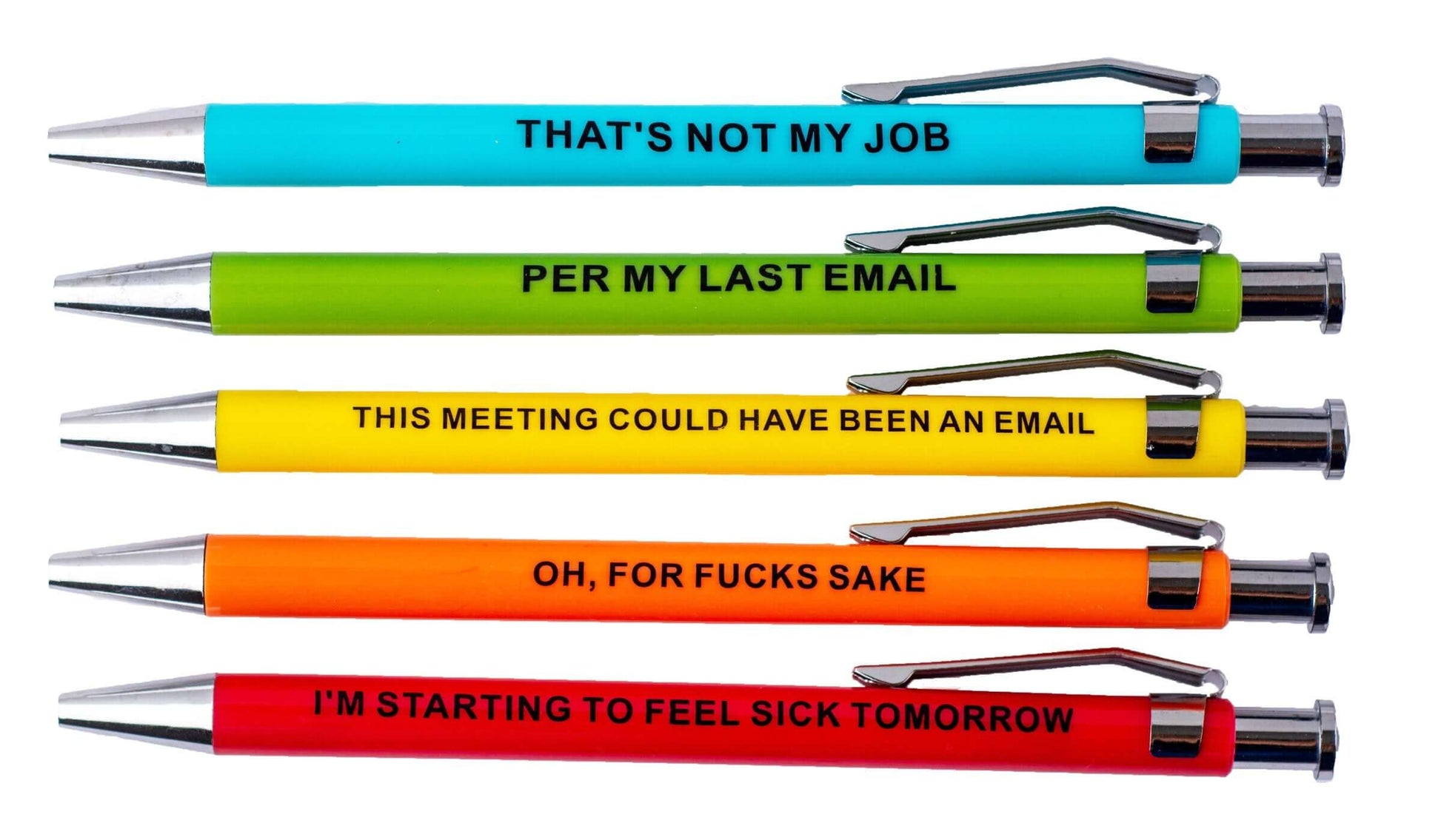 Set of funny pens with quotes like 'THAT'S NOT MY JOB' and 'THIS MEETING COULD HAVE BEEN AN EMAIL'.
