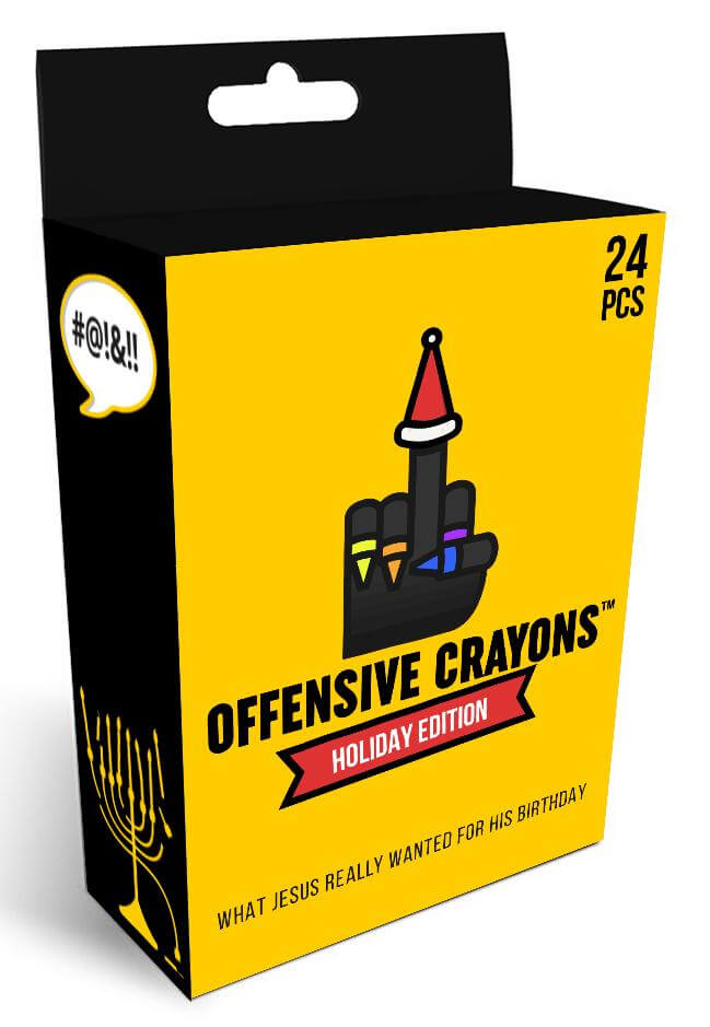 Offensive crayons in a bright box, labeled Holiday Edition, featuring 24 pcs for a humorous gift option.