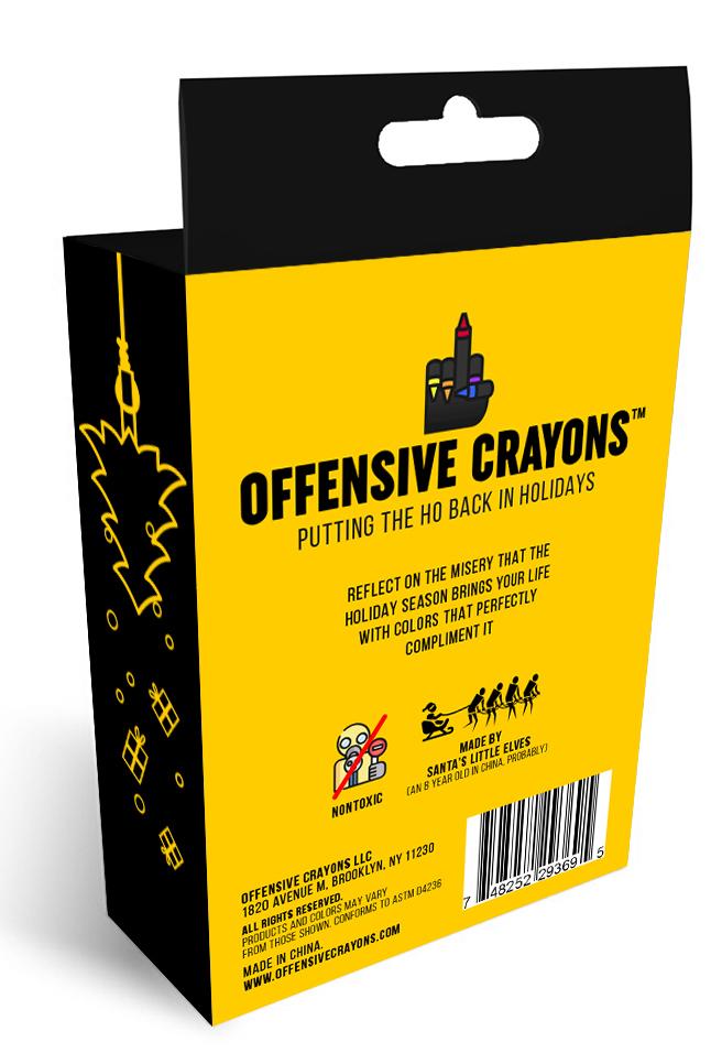 Holiday Edition Offensive Crayons packaging featuring vibrant colors and humorous messaging about the holiday season.