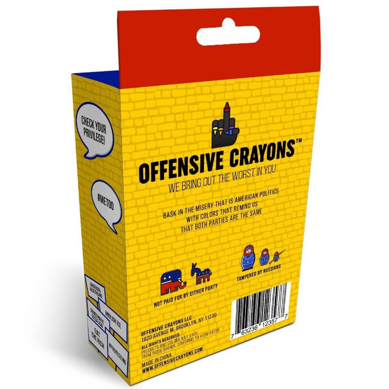 Offensive Crayons packaging showcasing the political edition with a humorous take on American politics.