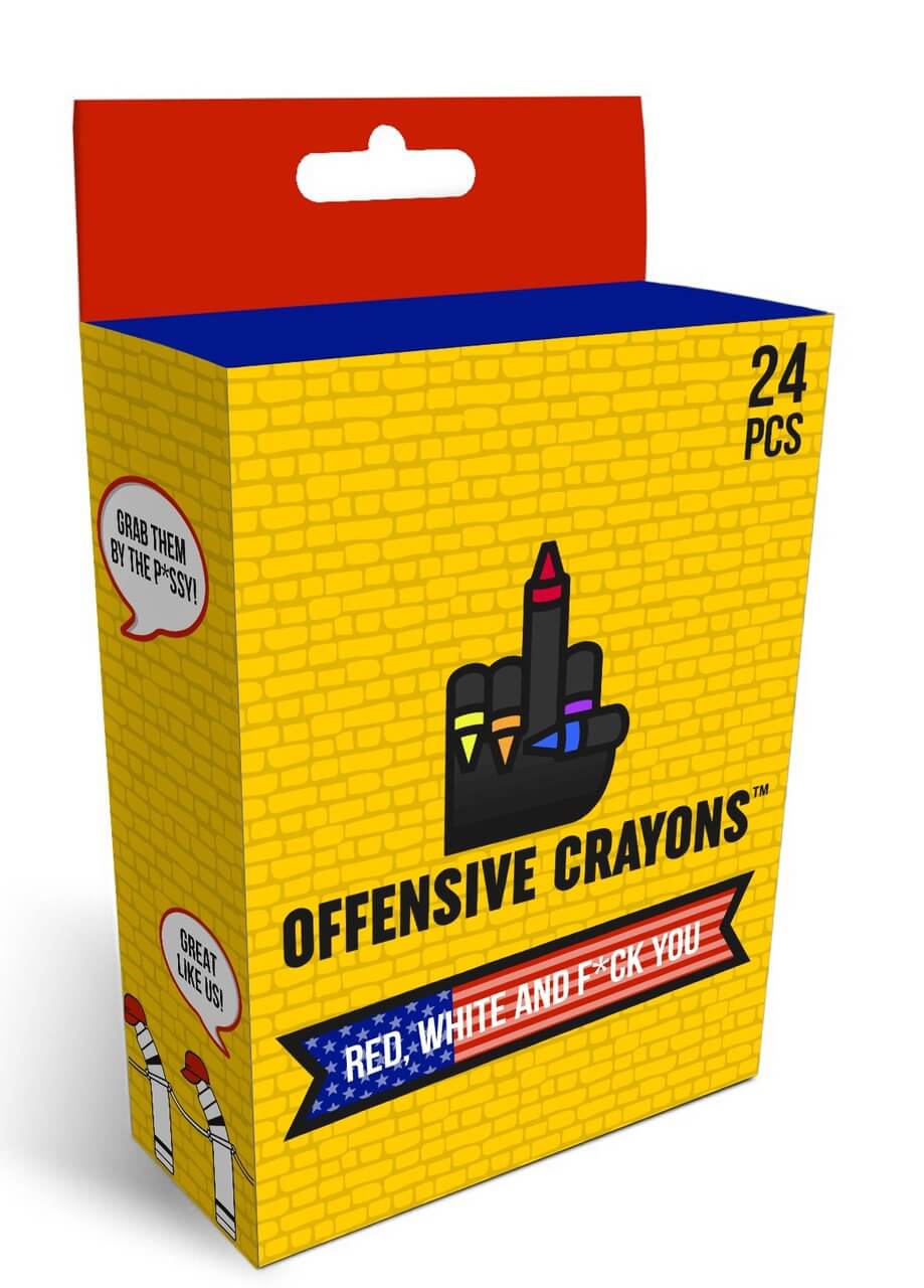 Offensive crayons box featuring a political theme with the title "Red, White, and F*ck You", 24 assorted colors.