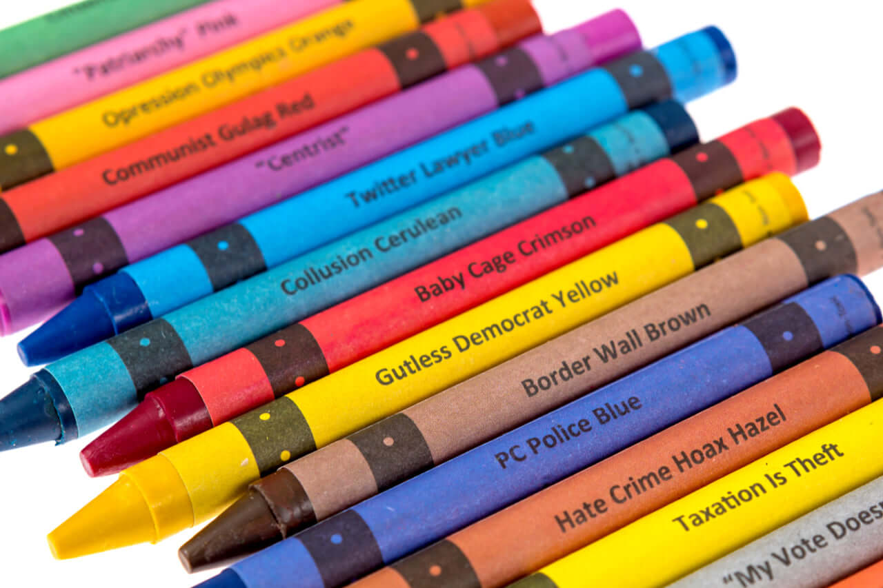 Offensive crayons in various colors with humorous political names showcasing the "Red, White, and F*ck You" Edition.
